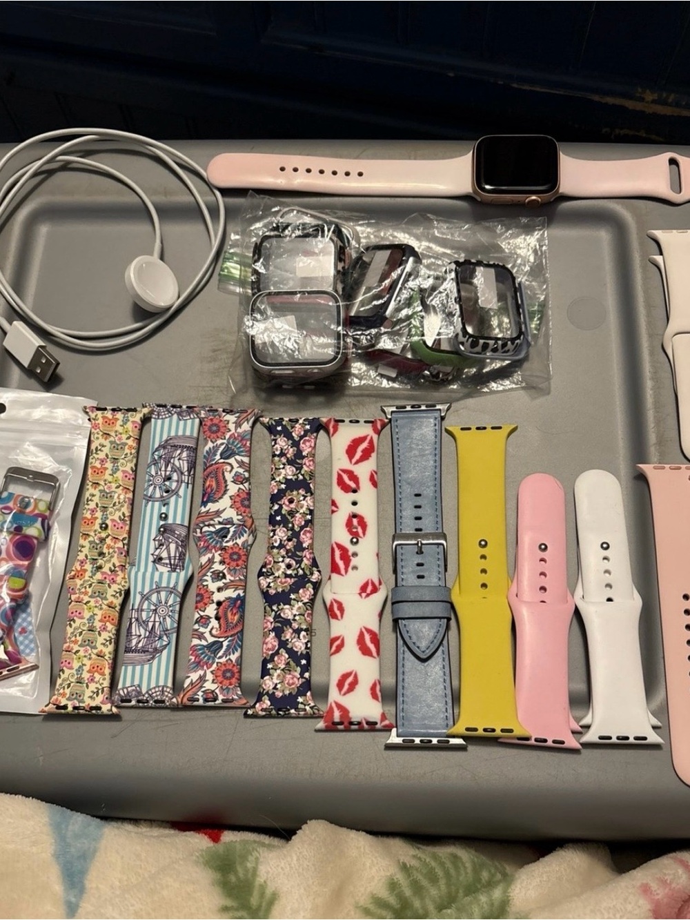 Apple Watch Pink Silicone Strap with Multiple Replacement Bands and Accessories